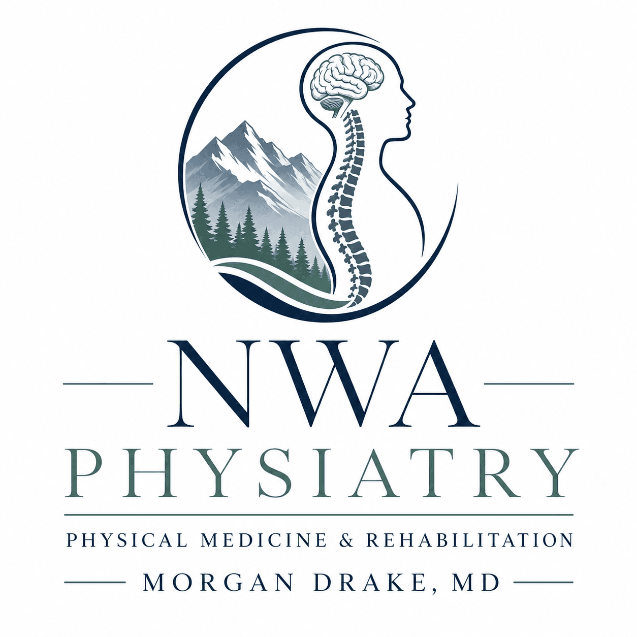 NWA Physiatry brand emblem illustrating brain and spine anatomy integrated with Northwest Arkansas mountain and pine landscape